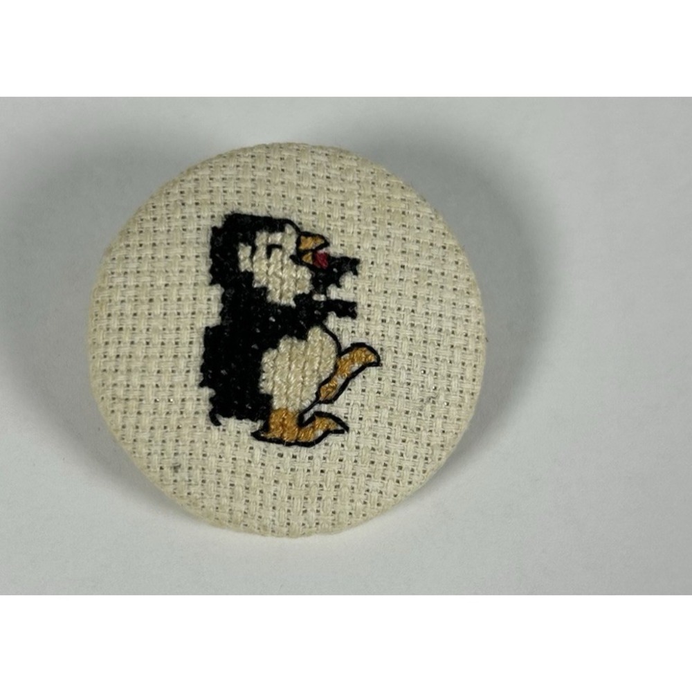 Vintage Cross Stitch Penguin Pin Brooch Button Round Pin Back